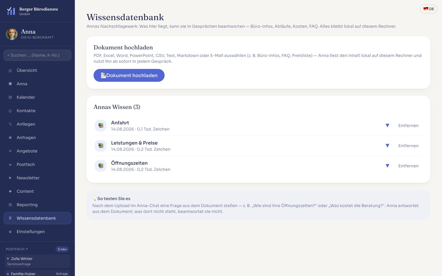 Wissensdatenbank in Anna